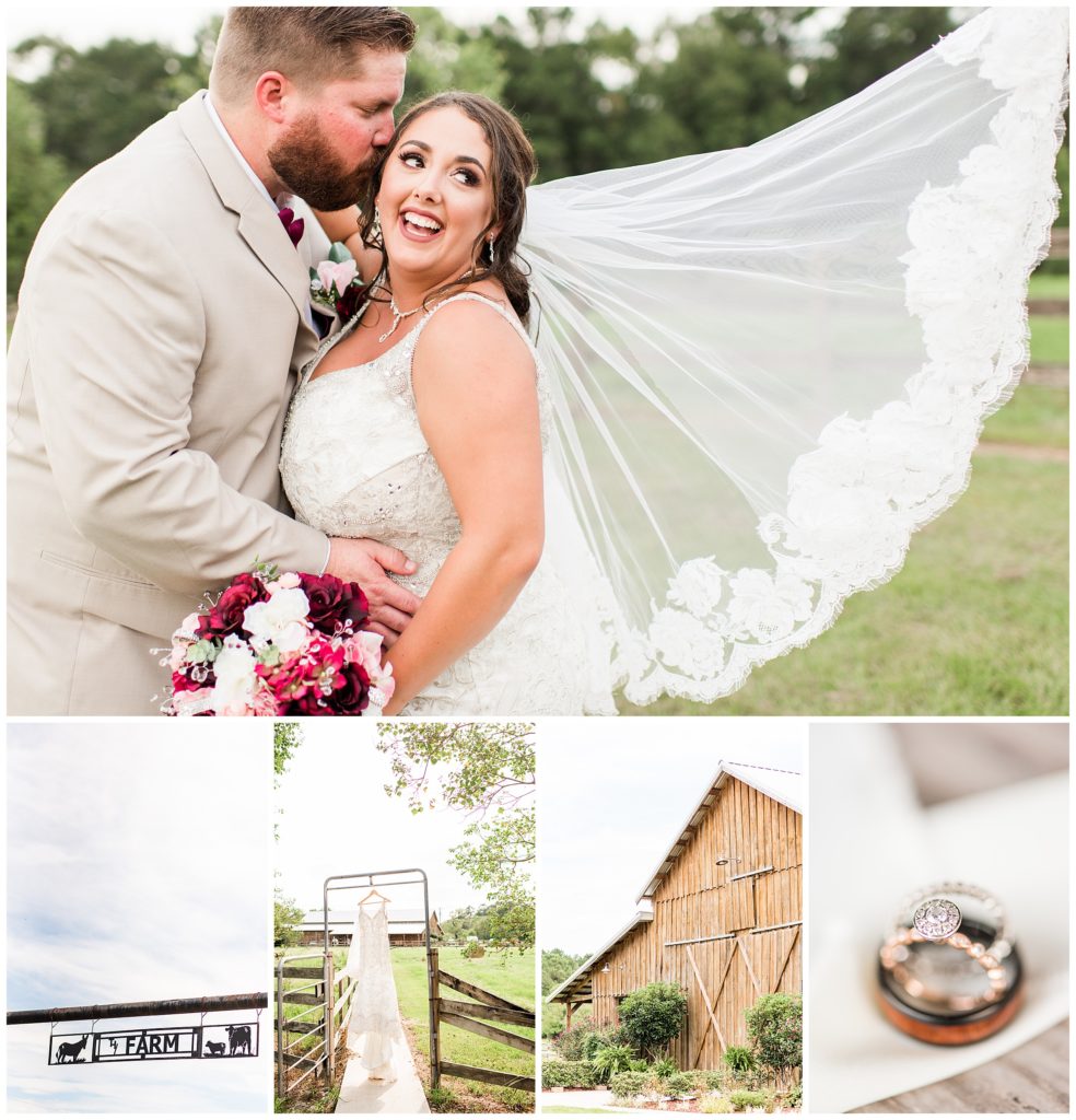 September barn wedding with burgundy, light pink, and green tones. A beautiful sunny day with blue skies.